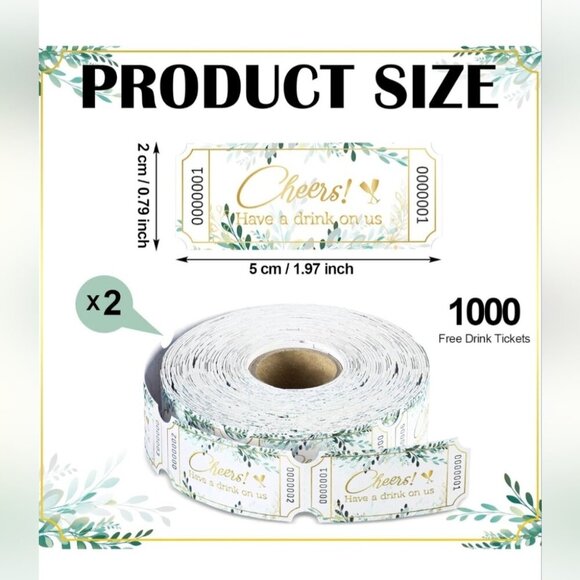 2 Rolls 1000 Pcs Drink Ticket Wedding, Raffle, Party (Greenery) - Picture 2 of 4